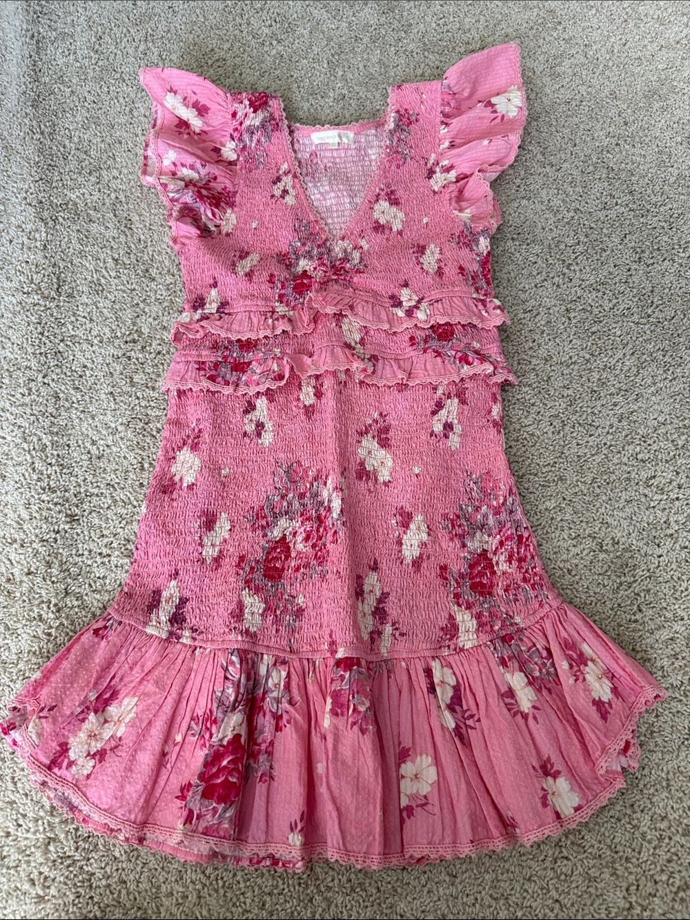 LoveShackFancy Pink Floral Ruffle Tiered Dress